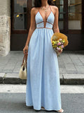 Striped Halter Neck Maxi Dress Blue / S