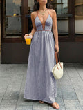 Striped Halter Neck Maxi Dress Dark Blue / S