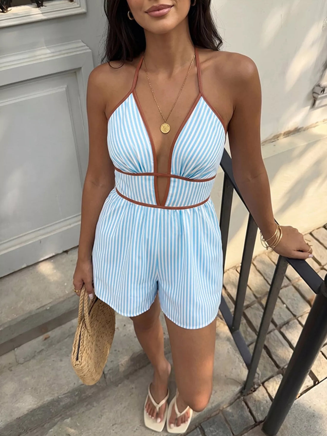 Striped Halter Neck Romper Blue / S