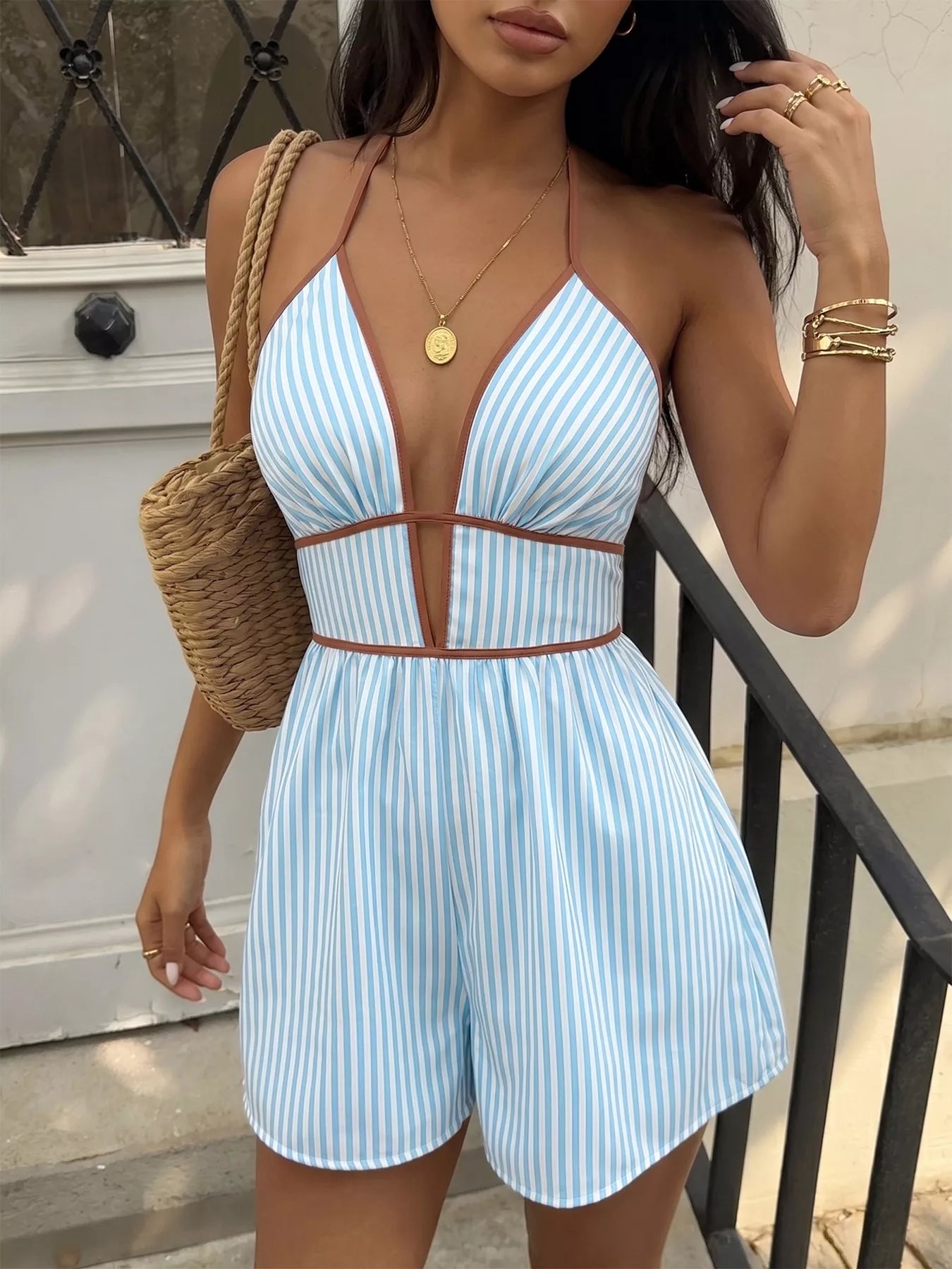 Striped Halter Neck Romper Blue / S