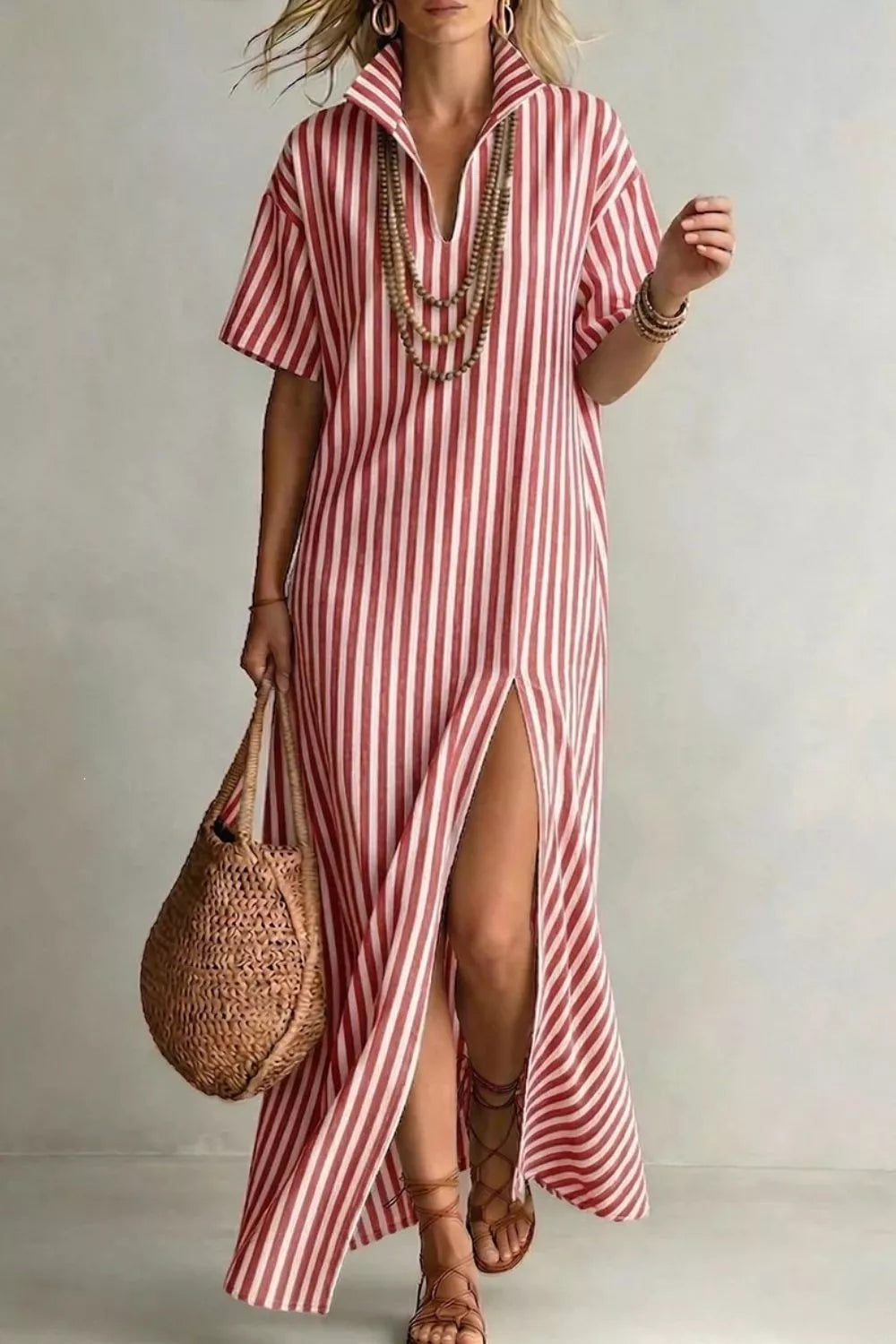 Striped High Slit Maxi Dress Burnt Coral / S