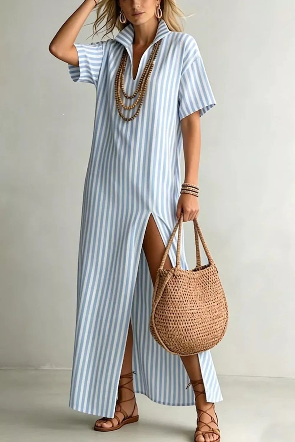 Striped High Slit Maxi Dress Light Blue / S