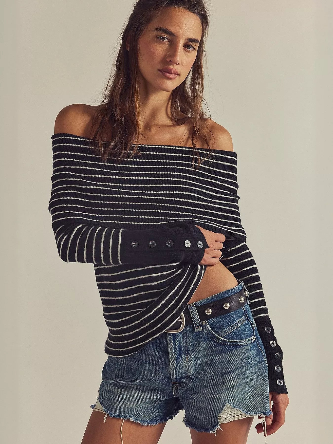 Striped Off-Shoulder Long Sleeve Knit Top