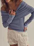Striped Off-Shoulder Long Sleeve Knit Top Purple / S
