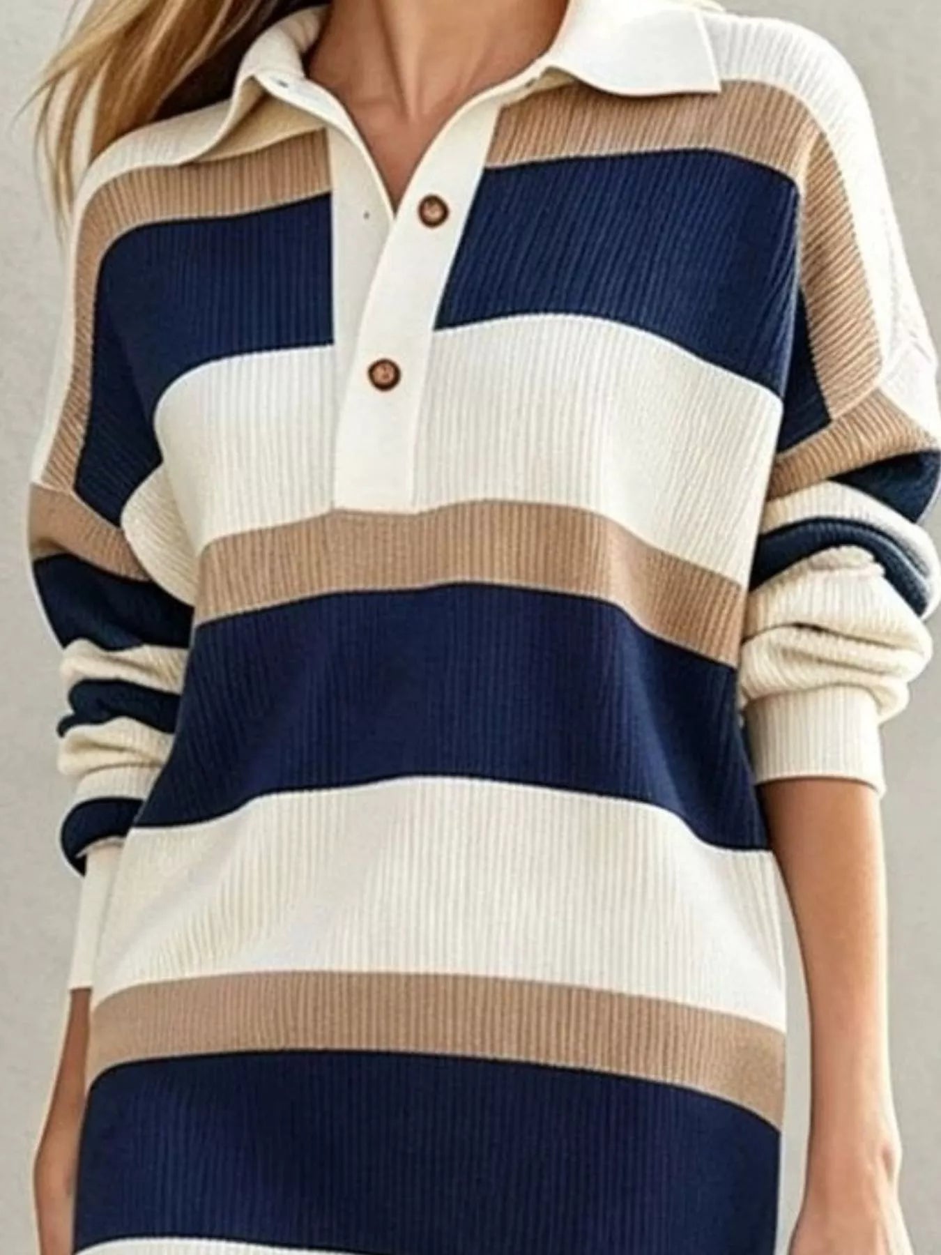 Striped Polo-Collar Long-Sleeve Sweater Dress - product view 10