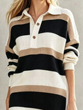 Striped Polo-Collar Long-Sleeve Sweater Dress