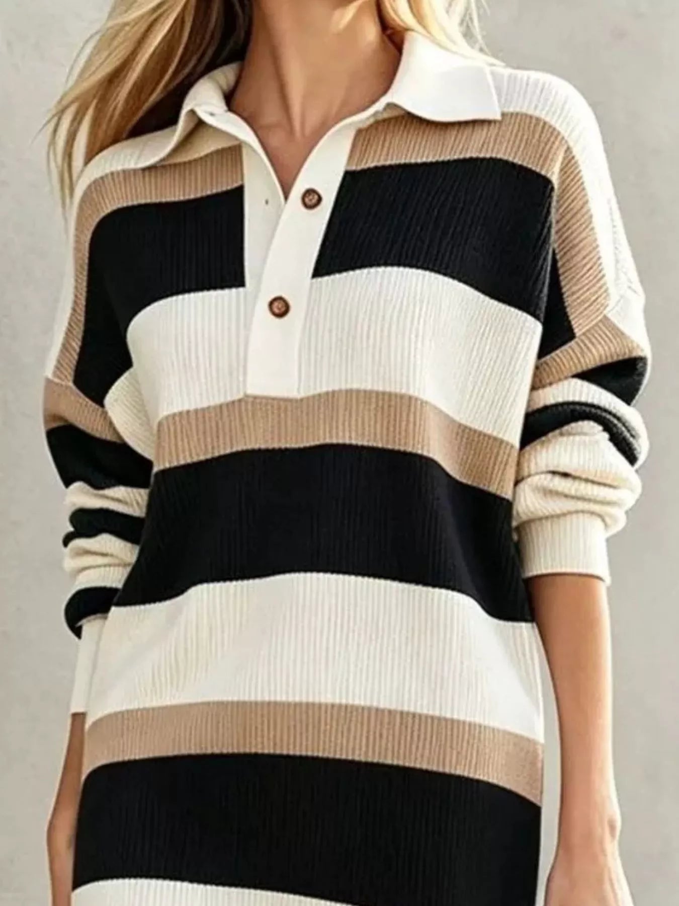 Striped Polo-Collar Long-Sleeve Sweater Dress