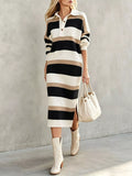 Striped Polo-Collar Long-Sleeve Sweater Dress Black / S