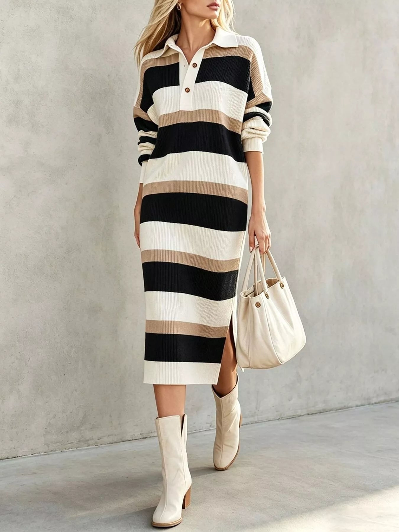Striped Polo-Collar Long-Sleeve Sweater Dress Black / S