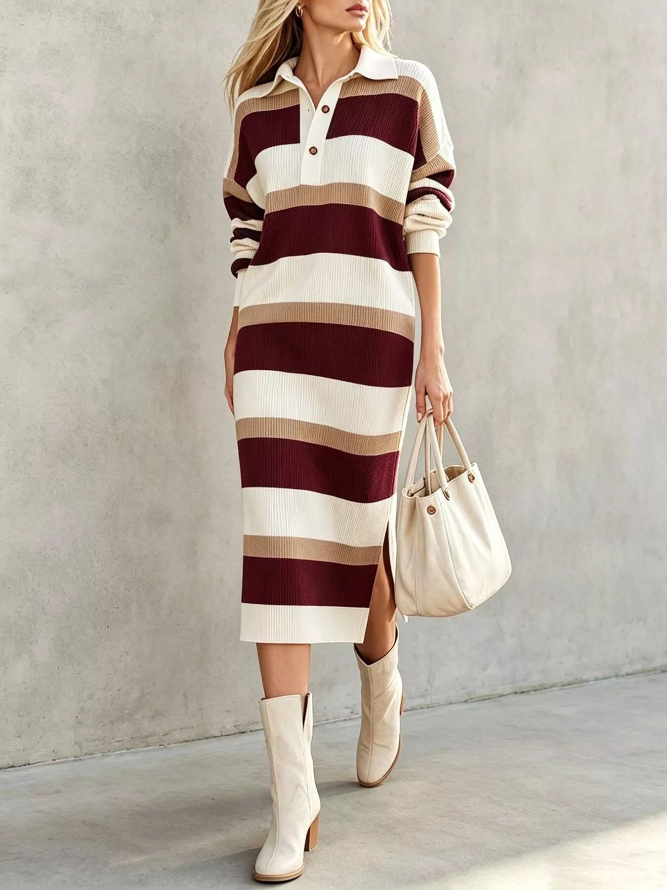 Striped Polo-Collar Long-Sleeve Sweater Dress - product view 7