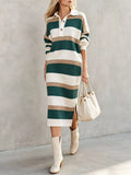 Striped Polo-Collar Long-Sleeve Sweater Dress Green / S