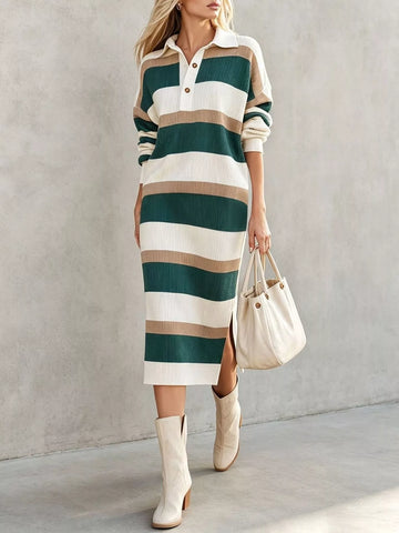 Striped Polo-Collar Long-Sleeve Sweater Dress Green / S