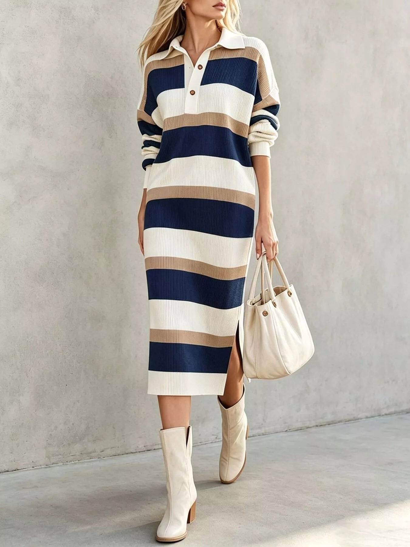 Striped Polo-Collar Long-Sleeve Sweater Dress - product view 9