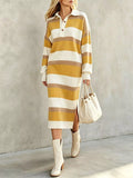 Striped Polo-Collar Long-Sleeve Sweater Dress Yellow / S