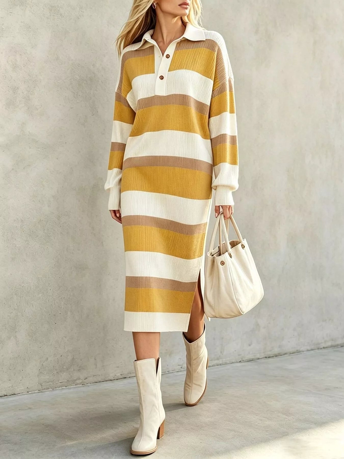 Striped Polo-Collar Long-Sleeve Sweater Dress Yellow / S