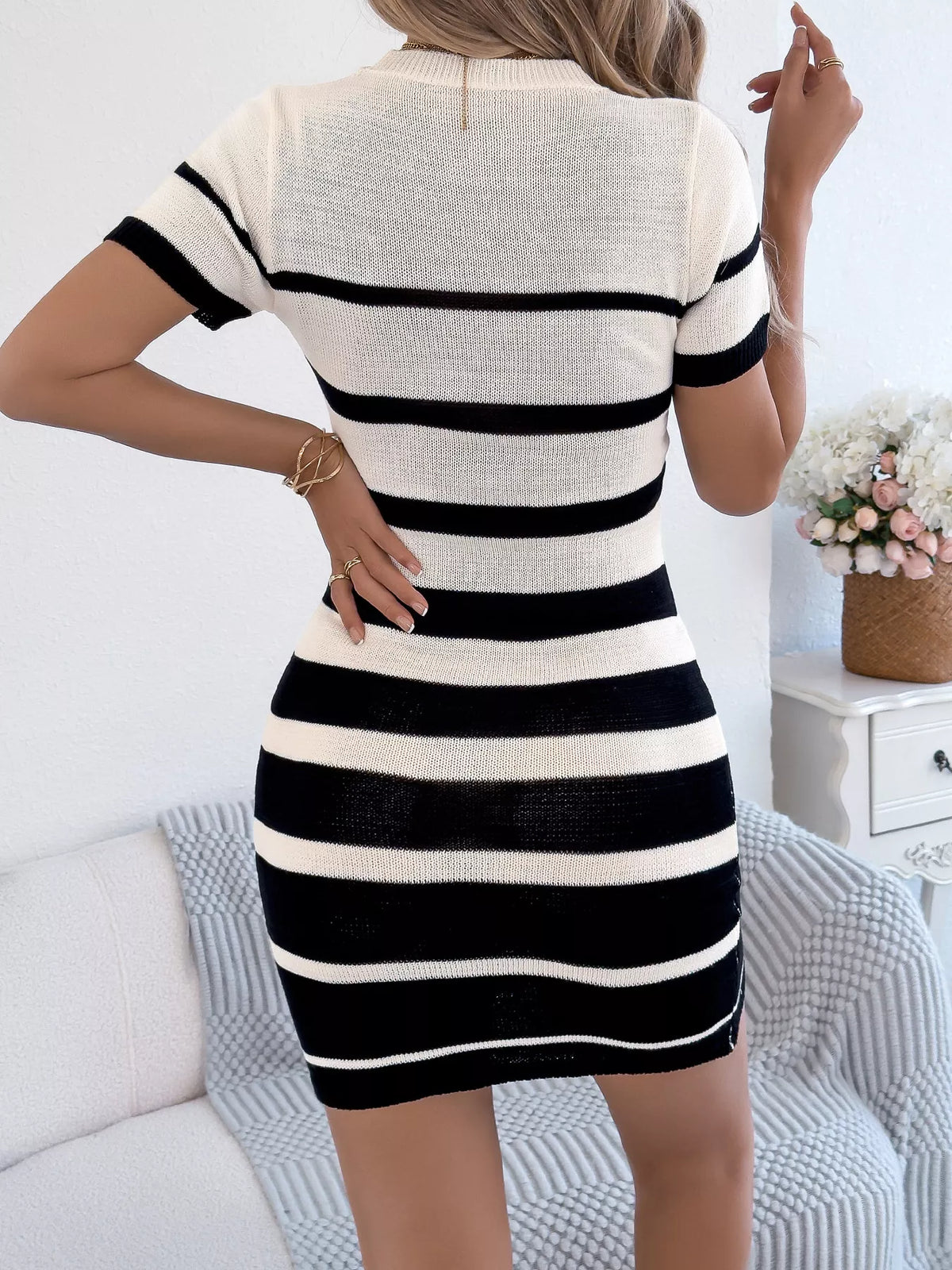Striped Ribbed Knit Bodycon Mini Dress
