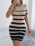 Striped Ribbed Knit Bodycon Mini Dress Khaki / S