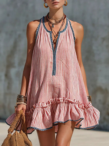Striped Ruffle Hem Mini Dress Pink / S