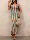 Striped Scoop Neck Bodycon Midi Dress Khaki / S