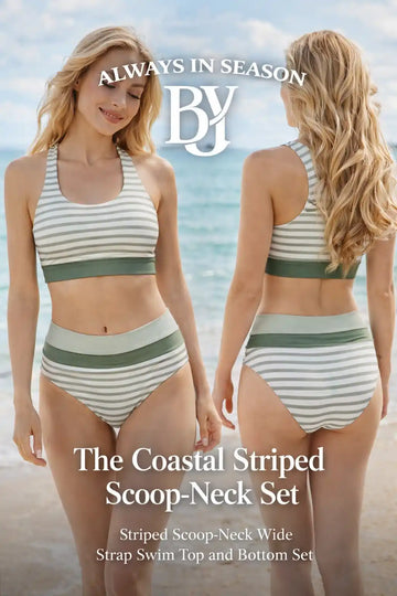 Striped Scoop Neck Wide Strap Swim Set