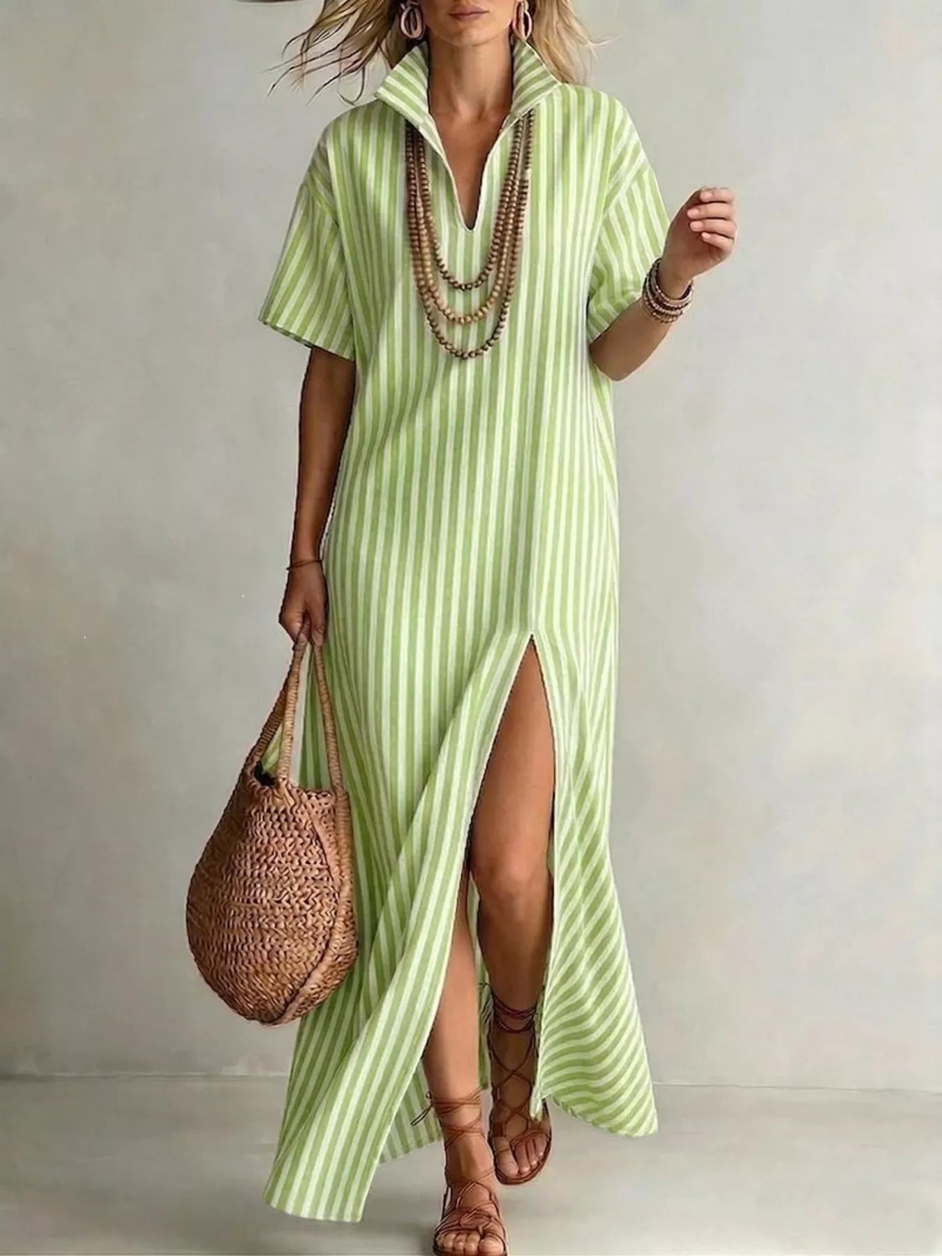 Striped Side Slit Maxi Dress Green / S