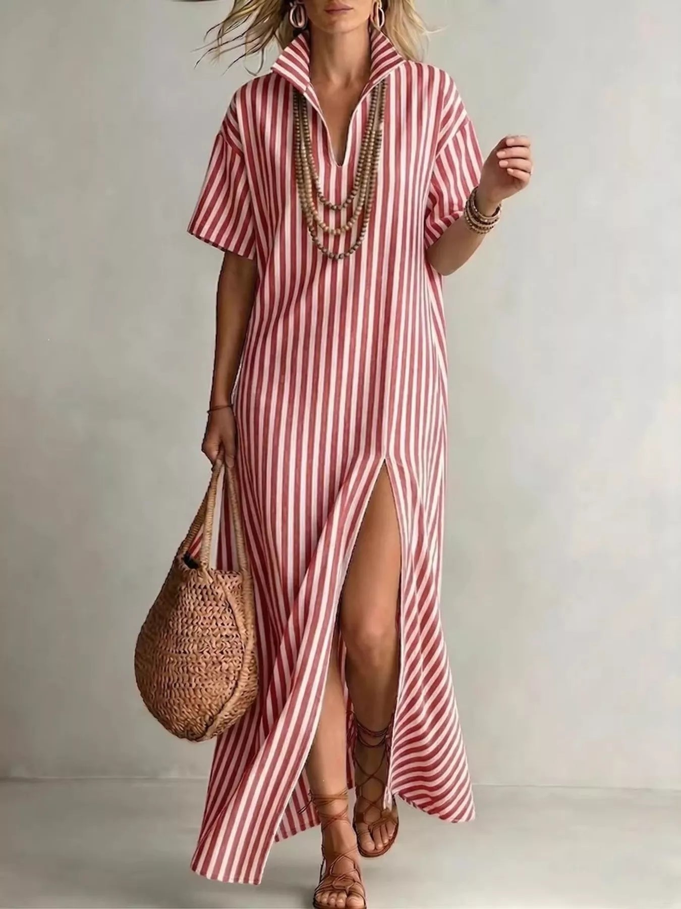Striped Side Slit Maxi Dress Red / S