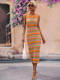 Striped Sleeveless Round Neck Midi Cover-Up Dress