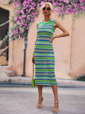 Striped Sleeveless Round Neck Midi Cover-Up Dress