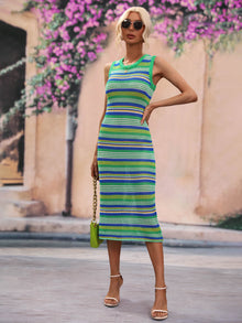 Striped Sleeveless Round Neck Midi Cover-Up Dress