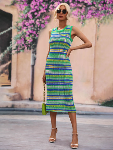 Striped Sleeveless Round Neck Midi Cover-Up Dress