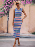 Striped Sleeveless Round Neck Midi Cover-Up Dress