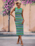 Striped Sleeveless Round Neck Midi Cover-Up Dress