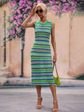 Striped Sleeveless Round Neck Midi Cover-Up Dress