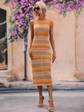 Striped Sleeveless Round Neck Midi Cover-Up Dress