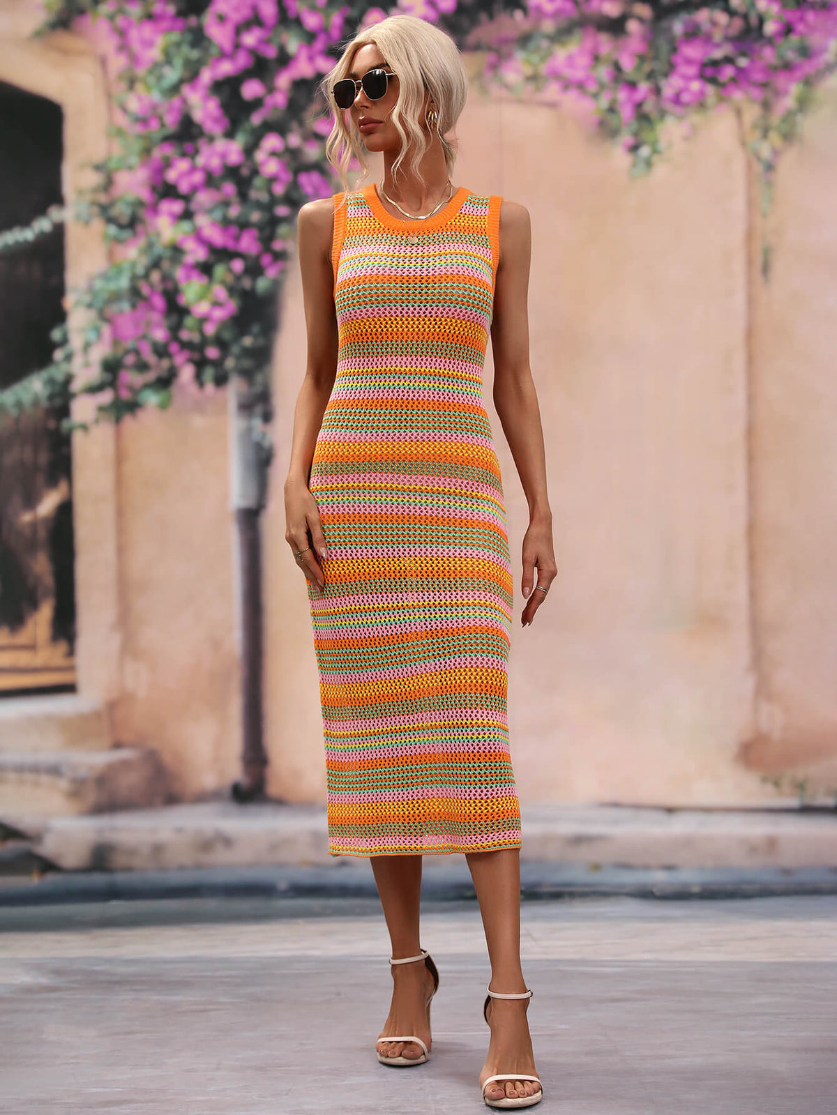 Striped Sleeveless Round Neck Midi Cover-Up Dress