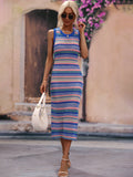 Striped Sleeveless Round Neck Midi Cover-Up Dress Blue / S