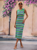 Striped Sleeveless Round Neck Midi Cover-Up Dress Green / S