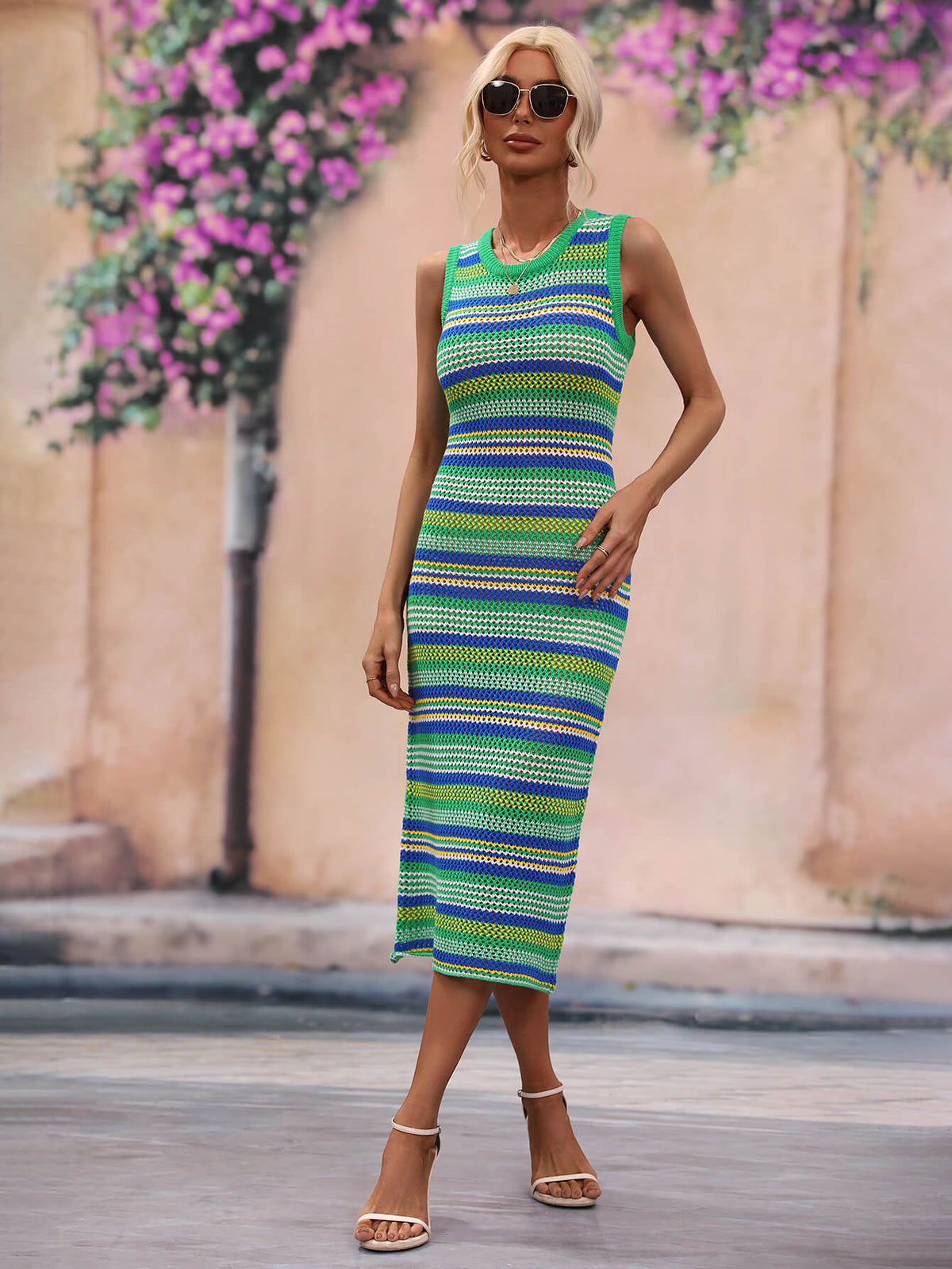 Striped Sleeveless Round Neck Midi Cover-Up Dress Green / S