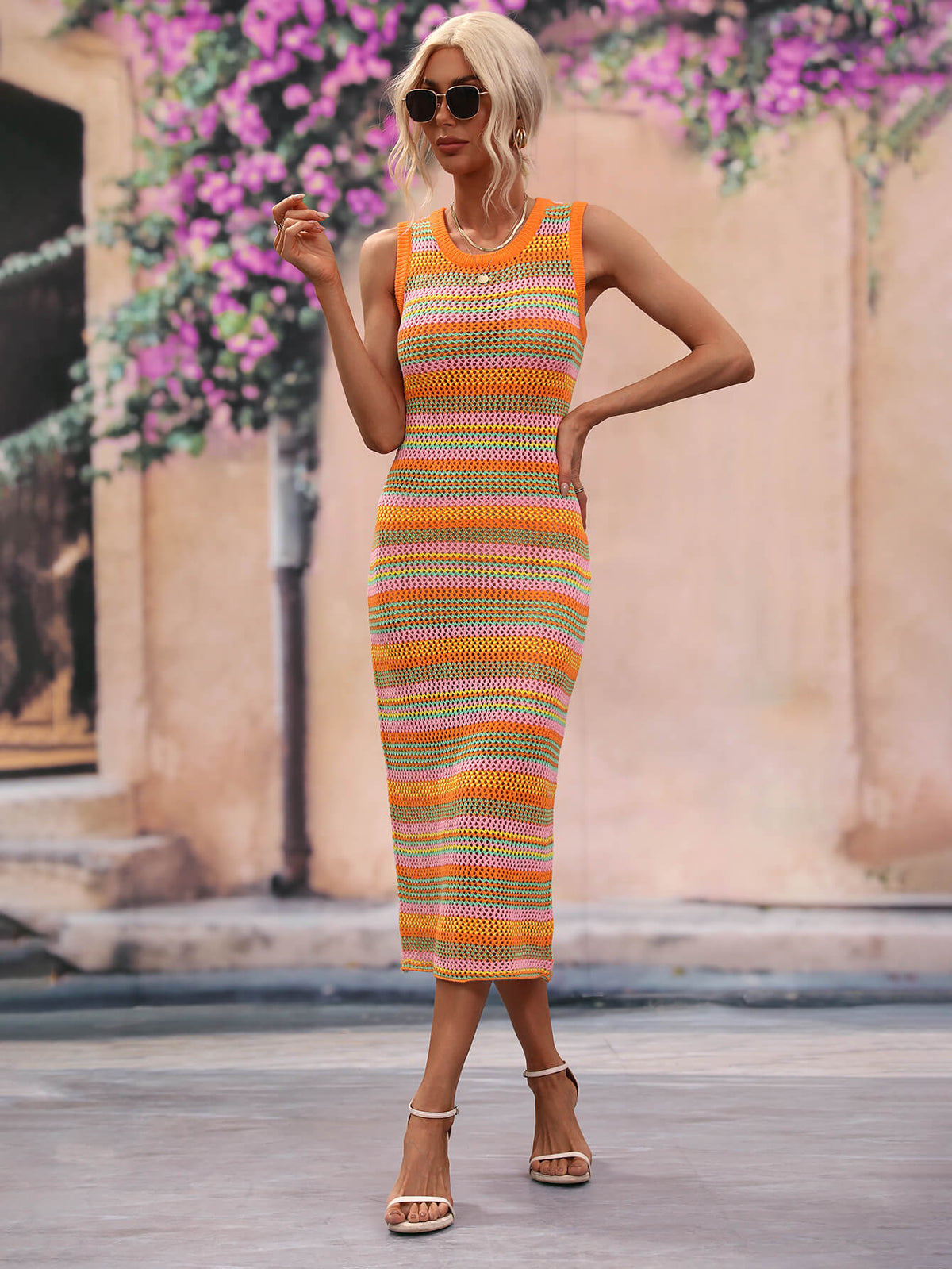 Striped Sleeveless Round Neck Midi Cover-Up Dress Orange / S