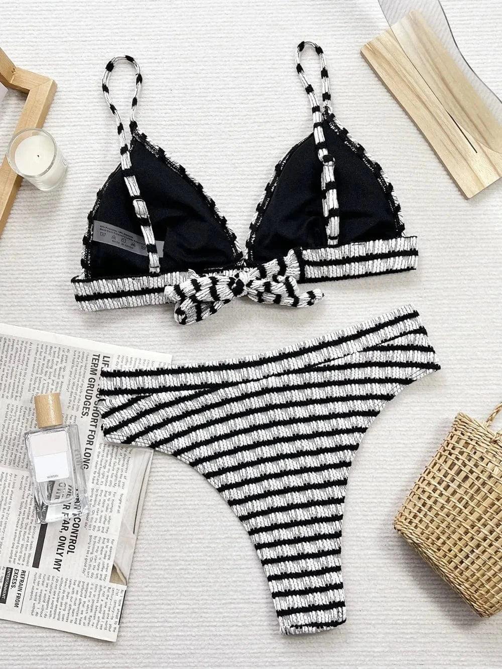 Striped V-Neck Bikini Set Black / S