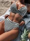 Striped V-Neck Bikini Set Black / S