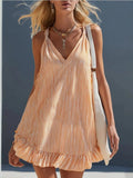 Striped V-Neck Ruffle Hem Mini Dress Orange / S