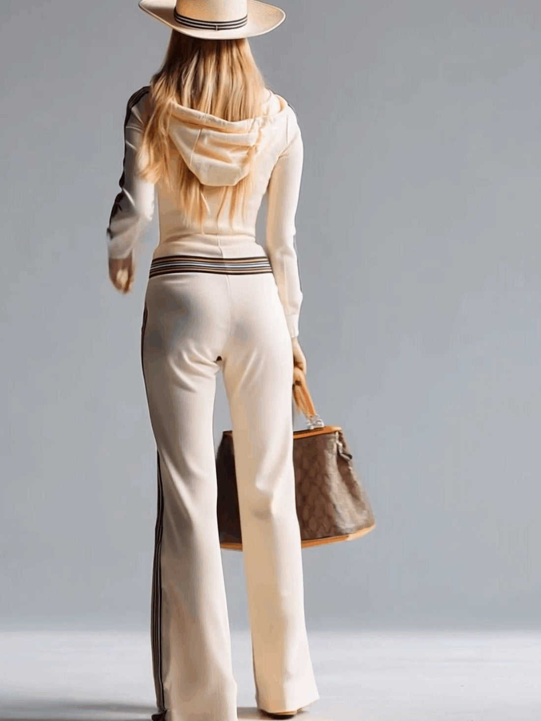 Striped Zip Front Hooded Jumpsuit Milky White / S