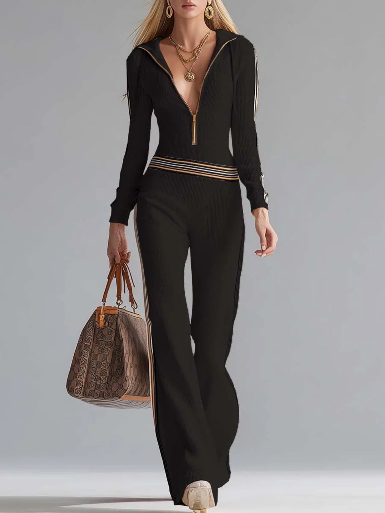 Striped Zip Front Hooded Jumpsuit Black / S