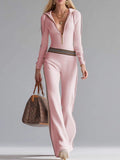 Striped Zip Front Hooded Jumpsuit Pink / S