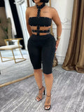 Studded Halter Cutout Romper Black / S