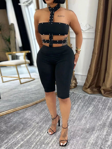 Studded Halter Cutout Romper Black / S