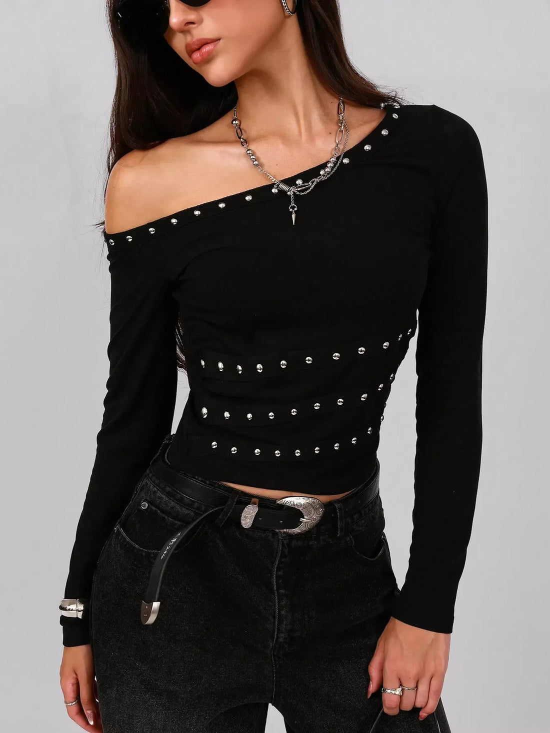 Studded One Shoulder Top for Women Black / S