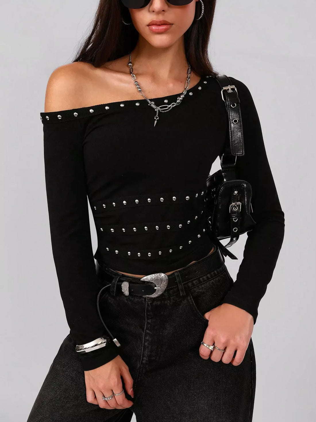 Studded One Shoulder Top for Women Black / S