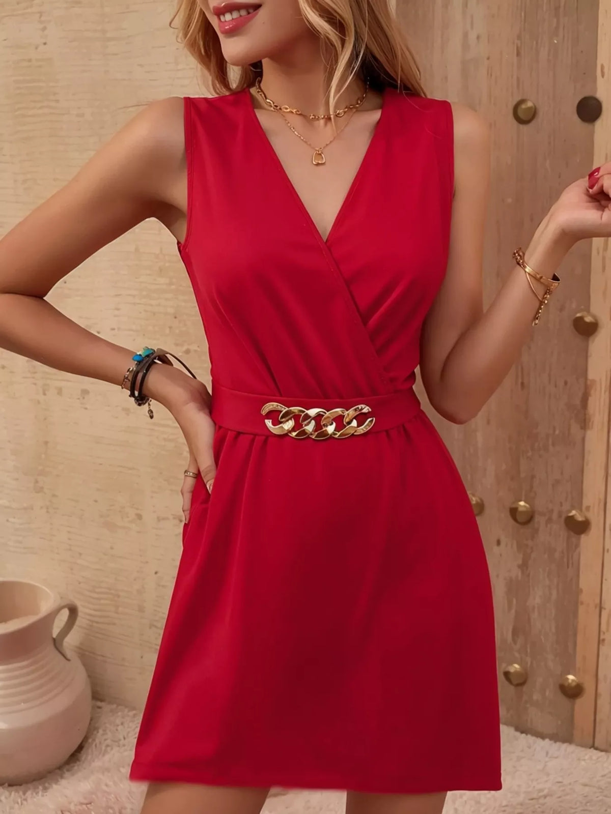 Surplice V-Neck Pocket Mini Dress Red / S